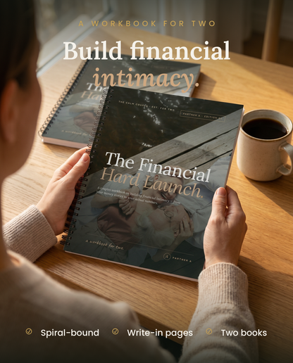 Hands holding the spiral-bound The Financial Hard Launch couples workbook — Build financial intimacy