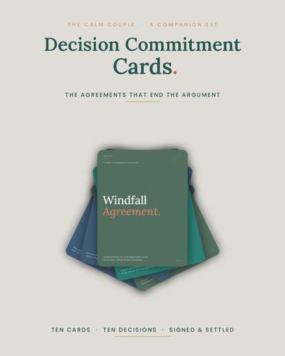 Decision Commitment Cards — ten financial agreement cards fanned out