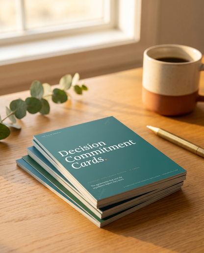 Stack of Decision Commitment Cards on a warm desk with coffee