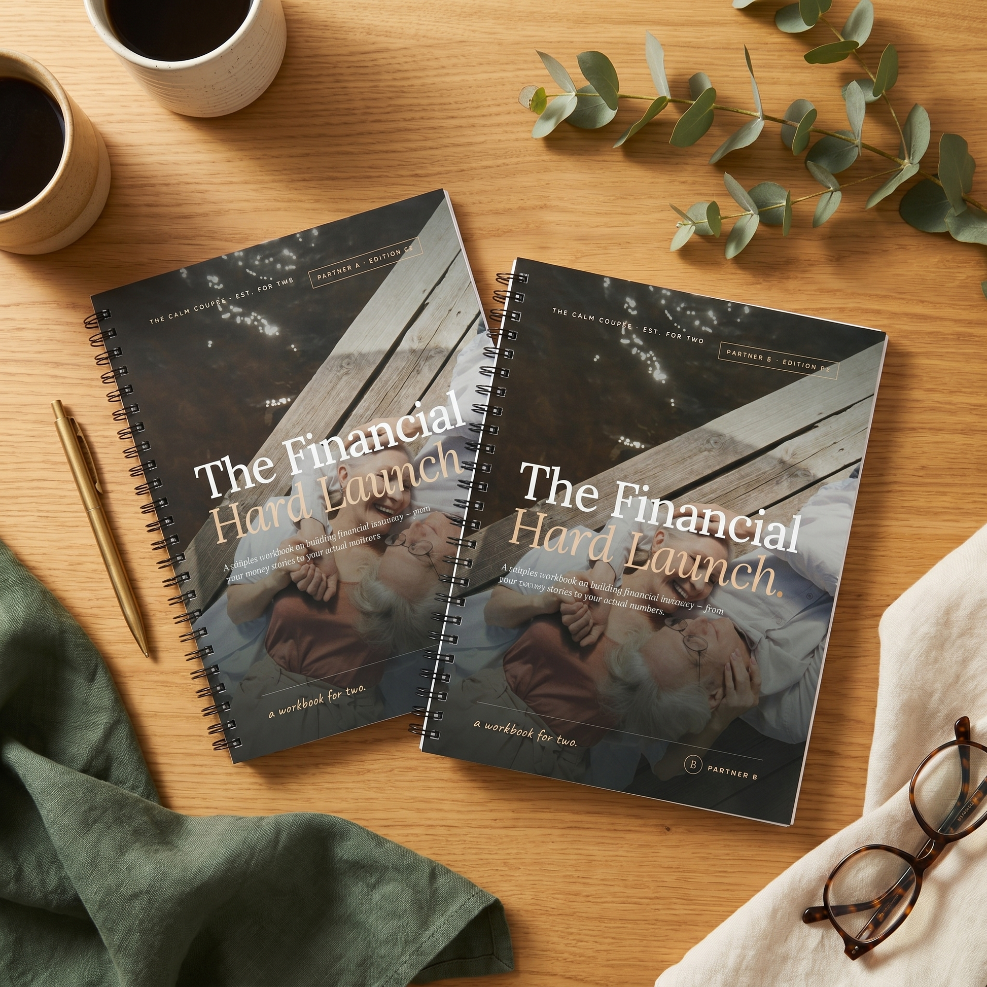 The Financial Hard Launch spiral-bound workbook set flat lay with coffee and eucalyptus