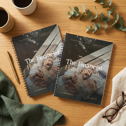 The Financial Hard Launch spiral-bound workbook set flat lay with coffee and eucalyptus