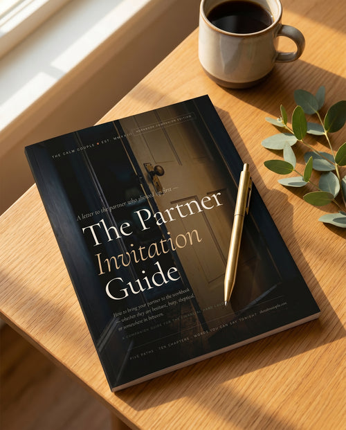The Partner Invitation Guide lying on a cozy desk with coffee and a pen